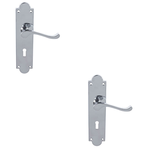 2 PACK Victorian Latch & Lock Door Handle Polished Chrome Lever Shaped Backplate