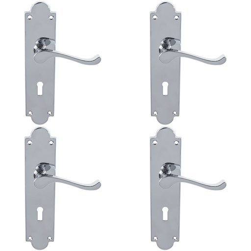 4 PACK Victorian Latch & Lock Door Handle Polished Chrome Lever Shaped Backplate