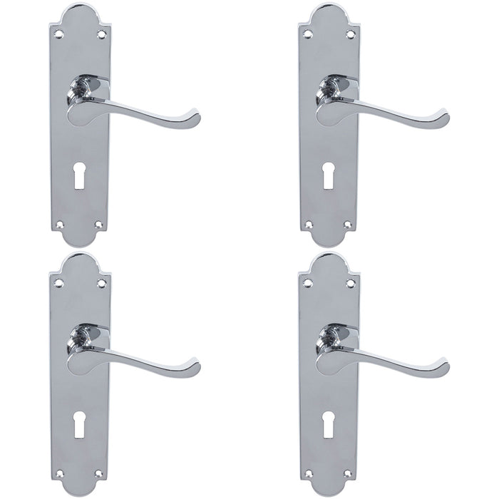 4 PACK Victorian Latch & Lock Door Handle Polished Chrome Lever Shaped Backplate