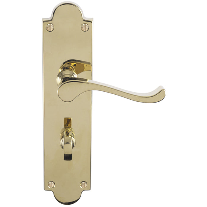 Victorian Bathroom Latch Door Handle - Polished Brass Lever On Shaped Backplate