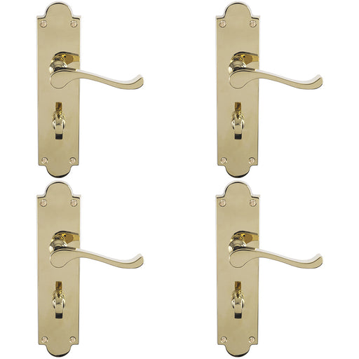 4 PACK Victorian Bathroom Latch Door Handle Polished Brass On Shaped Backplate