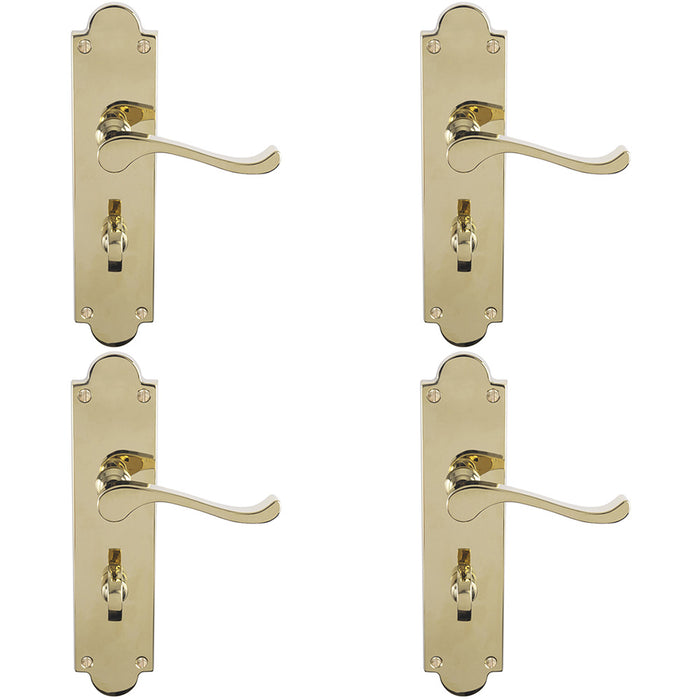 4 PACK Victorian Bathroom Latch Door Handle Polished Brass On Shaped Backplate