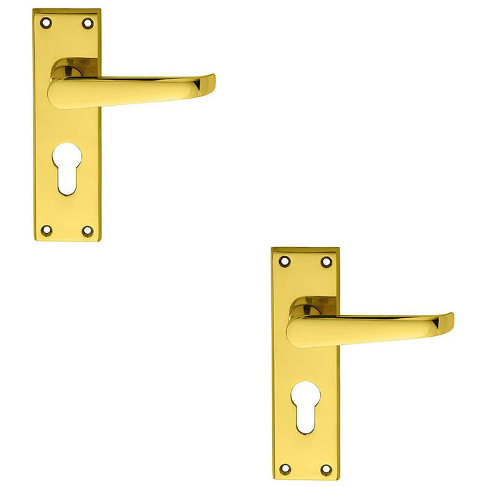 2 PACK Straight Victorian Latch & EURO Lock Door Handle Polished Brass Backplate