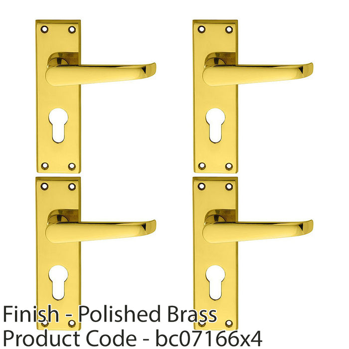 4 PACK Straight Victorian Latch & EURO Lock Door Handle Polished Brass Backplate 1