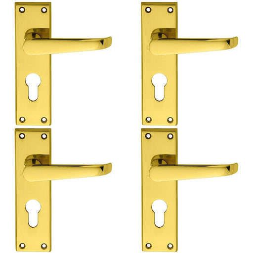 4 PACK Straight Victorian Latch & EURO Lock Door Handle Polished Brass Backplate