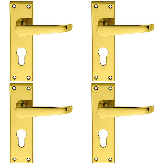 4 PACK Straight Victorian Latch & EURO Lock Door Handle Polished Brass Backplate