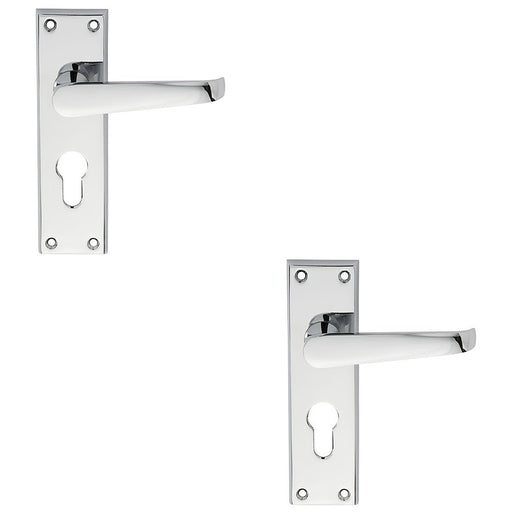 2 PACK Straight Victorian Latch EURO Lock Door Handle Polished Chrome Backplate