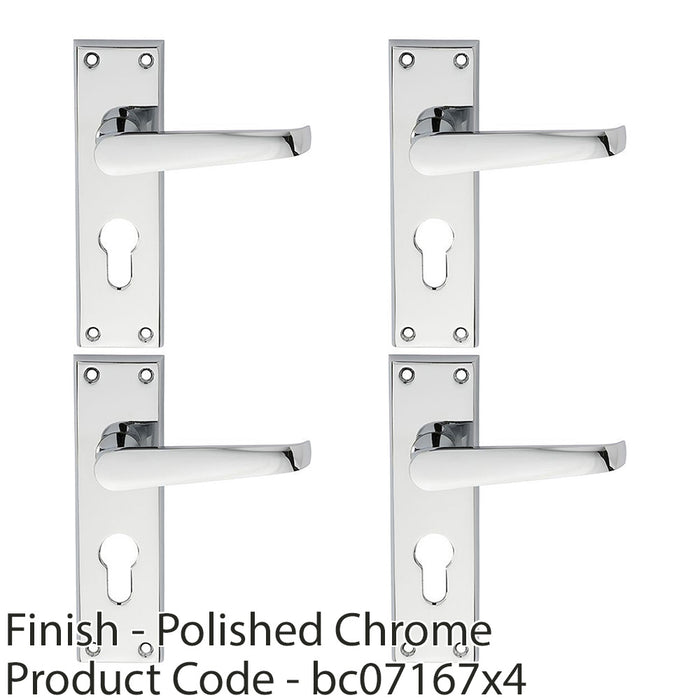 4 PACK Straight Victorian Latch EURO Lock Door Handle Polished Chrome Backplate 1