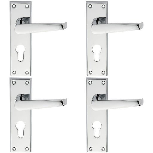 4 PACK Straight Victorian Latch EURO Lock Door Handle Polished Chrome Backplate