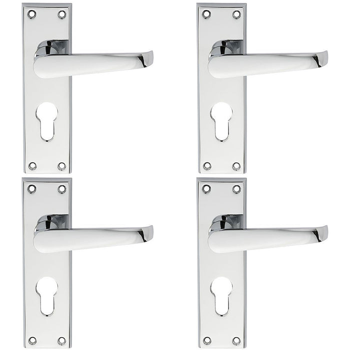 4 PACK Straight Victorian Latch EURO Lock Door Handle Polished Chrome Backplate