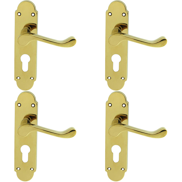 4 PACK Victorian Scroll Latch & EURO Lock Door Handle Brass PVD Lever Backplate