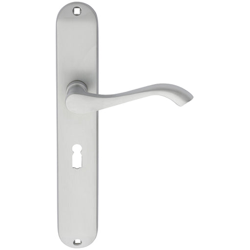 Slim Modern Scroll Latch & Lock Door Handle - Satin Chrome Lever On Backplate