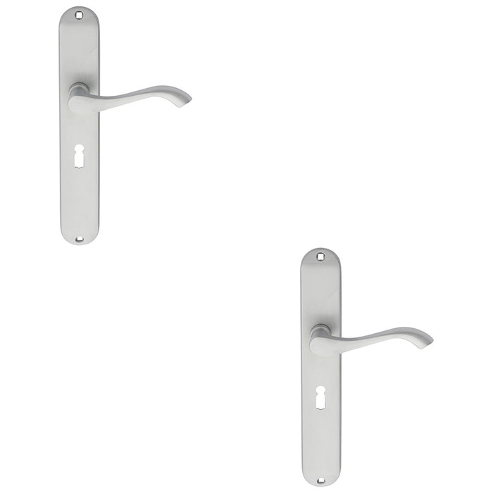 2 PACK Slim Modern Scroll Latch & Lock Door Handle Satin Chrome Lever Backplate