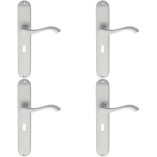 4 PACK Slim Modern Scroll Latch & Lock Door Handle Satin Chrome Lever Backplate