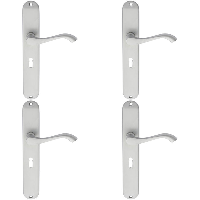 4 PACK Slim Modern Scroll Latch & Lock Door Handle Satin Chrome Lever Backplate