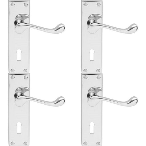 4 PACK Victorian Scroll Latch & Lock Door Handle Polished Chrome Lever Backplate