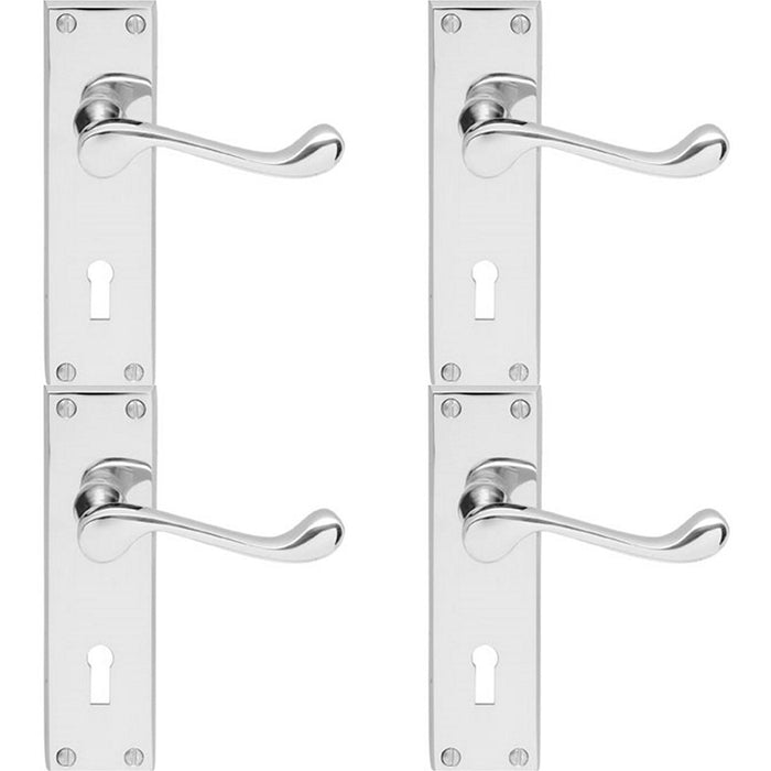 4 PACK Victorian Scroll Latch & Lock Door Handle Polished Chrome Lever Backplate