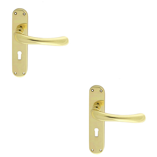 2 PACK Rounded Smooth Latch & Lock Door Handle Polished Brass Lever On Backplate