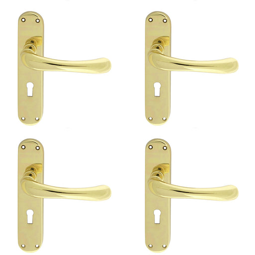 4 PACK Rounded Smooth Latch & Lock Door Handle Polished Brass Lever On Backplate