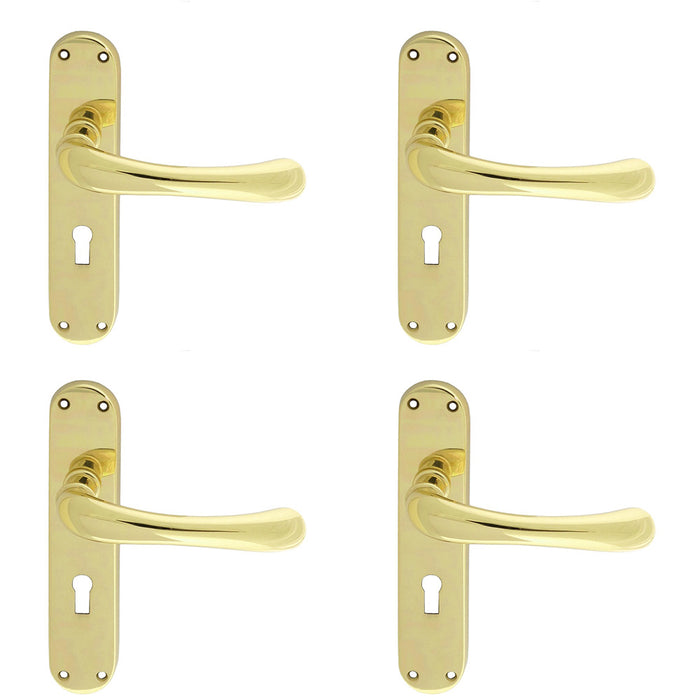 4 PACK Rounded Smooth Latch & Lock Door Handle Polished Brass Lever On Backplate