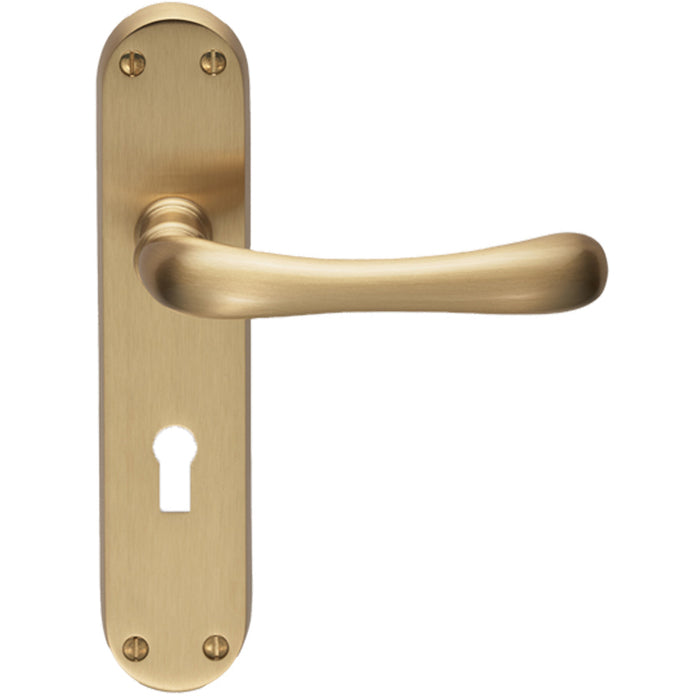 Rounded Smooth Latch & Lock Door Handle - Satin Brass Lever On Backplate