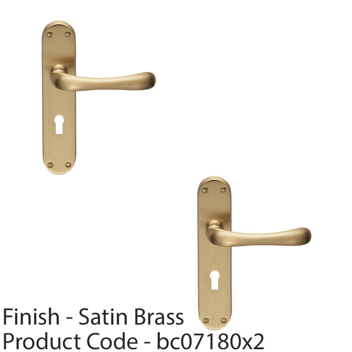 2 PACK Rounded Smooth Latch & Lock Door Handle Satin Brass Lever On Backplate 1