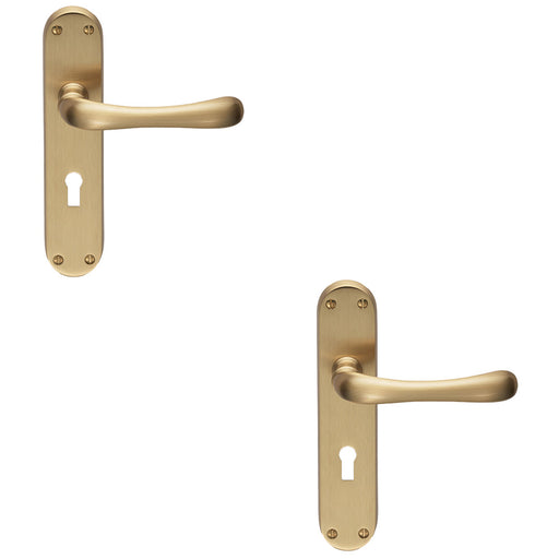 2 PACK Rounded Smooth Latch & Lock Door Handle Satin Brass Lever On Backplate