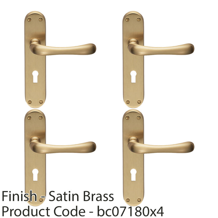 4 PACK Rounded Smooth Latch & Lock Door Handle Satin Brass Lever On Backplate 1