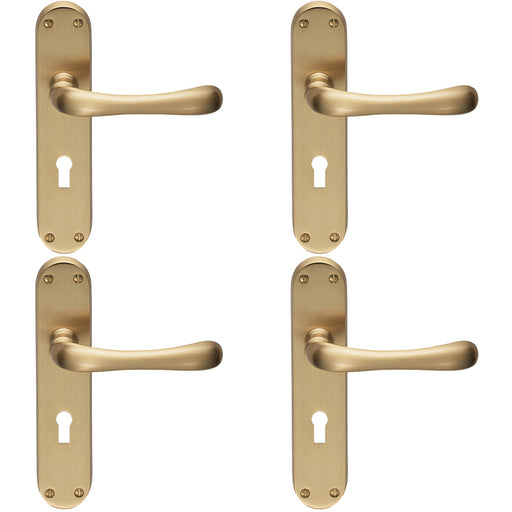 4 PACK Rounded Smooth Latch & Lock Door Handle Satin Brass Lever On Backplate