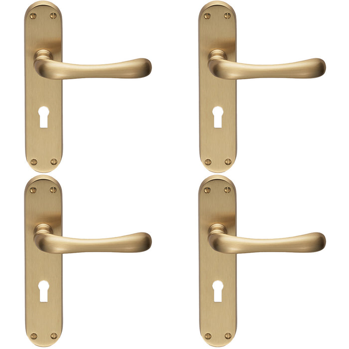 4 PACK Rounded Smooth Latch & Lock Door Handle Satin Brass Lever On Backplate