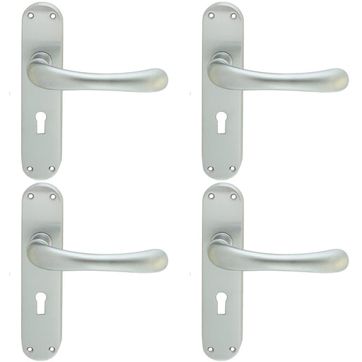 4 PACK Rounded Smooth Latch & Lock Door Handle Satin Chrome Lever On Backplate