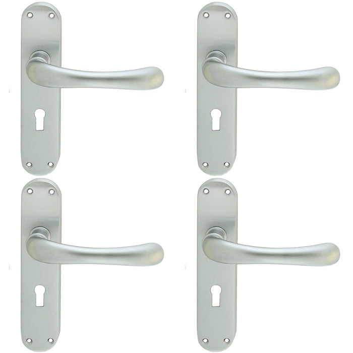 4 PACK Rounded Smooth Latch & Lock Door Handle Satin Chrome Lever On Backplate