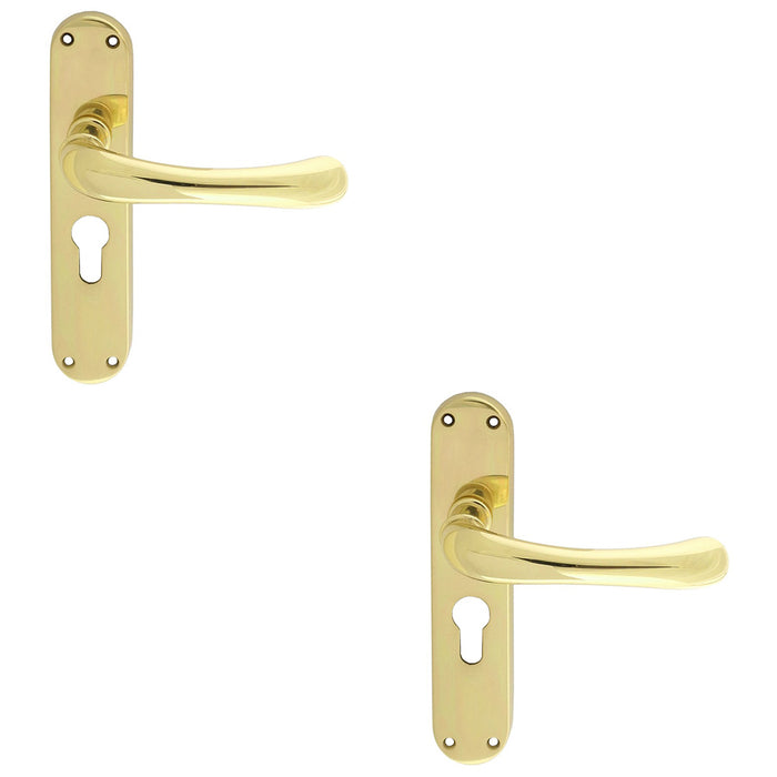 2 PACK Rounded Smooth Latch & EURO Lock Door Handle Polished Brass On Backplate