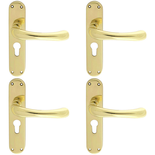 4 PACK Rounded Smooth Latch & EURO Lock Door Handle Polished Brass On Backplate