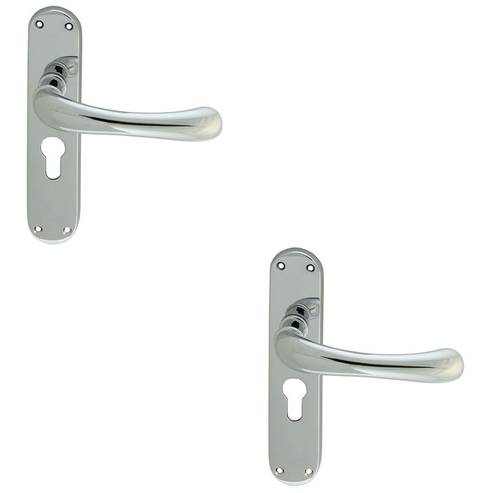 2 PACK Rounded Smooth Latch & EURO Lock Door Handle Polished Chrome Lever Plate