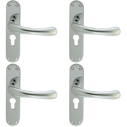 4 PACK Rounded Smooth Latch & EURO Lock Door Handle Polished Chrome Lever Plate