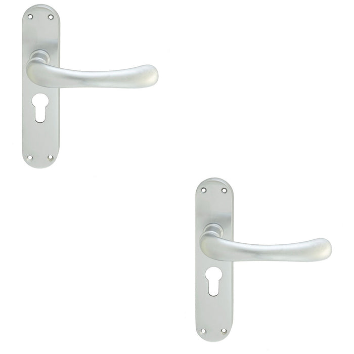 2 PACK Rounded Smooth Latch & EURO Lock Door Handle Satin Chrome Lever Backplate