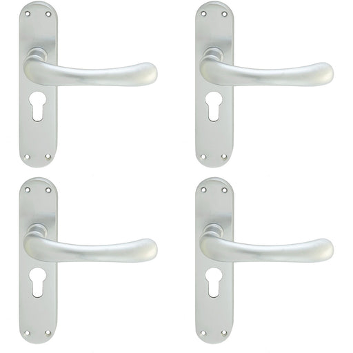 4 PACK Rounded Smooth Latch & EURO Lock Door Handle Satin Chrome Lever Backplate