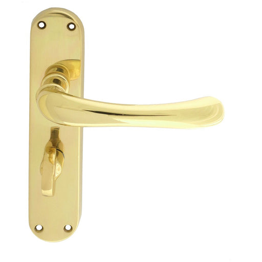 Rounded Smooth Bathroom Latch Door Handle - Polished Brass Lever On Backplate