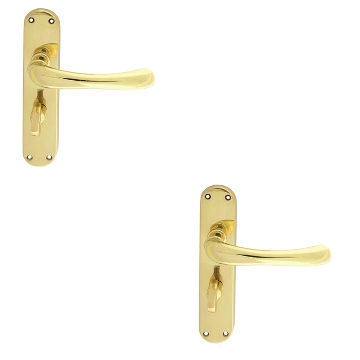 2 PACK Rounded Smooth Bathroom Latch Door Handle Polished Brass Lever Backplate