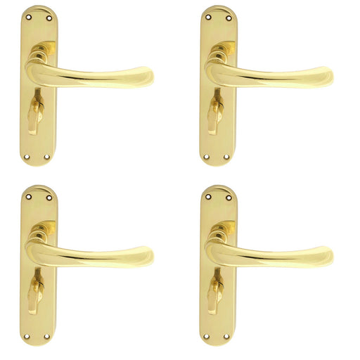 4 PACK Rounded Smooth Bathroom Latch Door Handle Polished Brass Lever Backplate