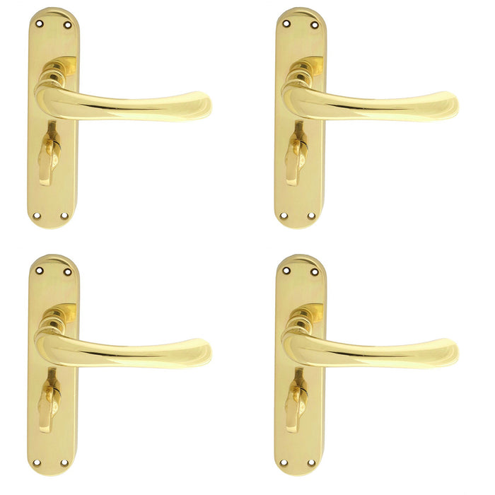 4 PACK Rounded Smooth Bathroom Latch Door Handle Polished Brass Lever Backplate