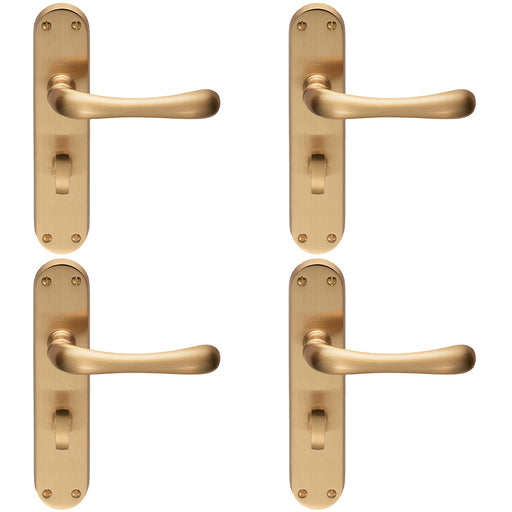 4 PACK Rounded Smooth Bathroom Latch Door Handle Satin Brass Lever On Backplate