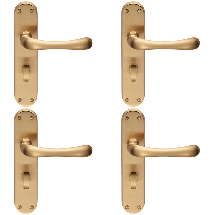 4 PACK Rounded Smooth Bathroom Latch Door Handle Satin Brass Lever On Backplate