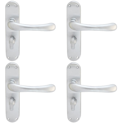 4 PACK Rounded Smooth Bathroom Latch Door Handle Satin Chrome Lever On Backplate