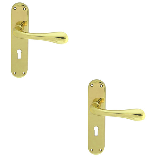 2 PACK Rounded Flaired Latch & Lock Door Handle Polished Brass Lever Backplate