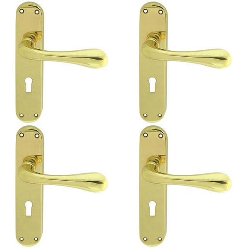 4 PACK Rounded Flaired Latch & Lock Door Handle Polished Brass Lever Backplate