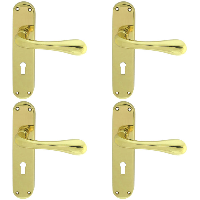 4 PACK Rounded Flaired Latch & Lock Door Handle Polished Brass Lever Backplate