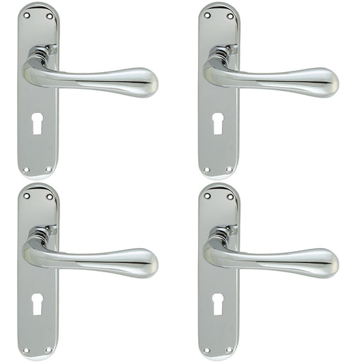 4 PACK Rounded Flaired Latch & Lock Door Handle Polished Chrome Lever Backplate