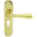 Rounded Flaired Latch & EURO Lock Door Handle - Polished Brass Lever Backplate